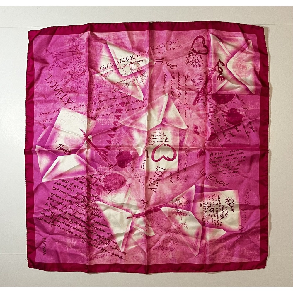 Vintage ESCADA Pink Heart Love Letters 100%  Silk Scarf 26" NWOT